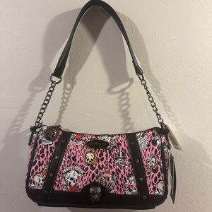 Ed Hardy shoulder crossbody Bag leopard print skull pink NWT